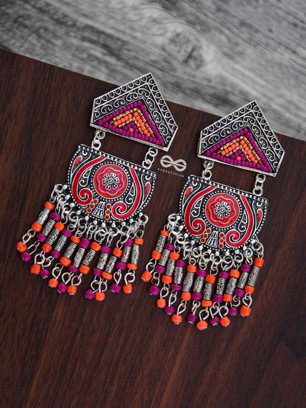 The Multilayered Meenakari Statement Makers (Orange-Pink) - Embroidered Oxidised Collection