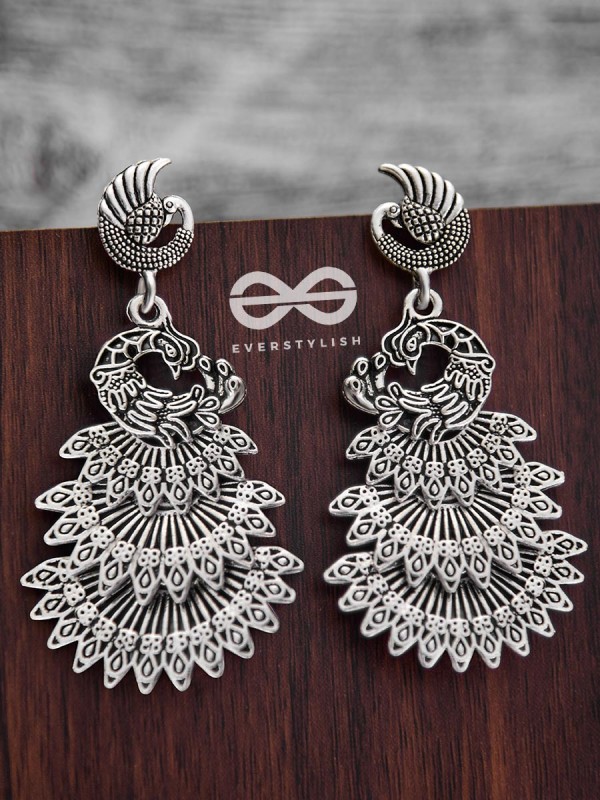 The Multilayered Peacock Artwork - Oxidised Boho Earrings