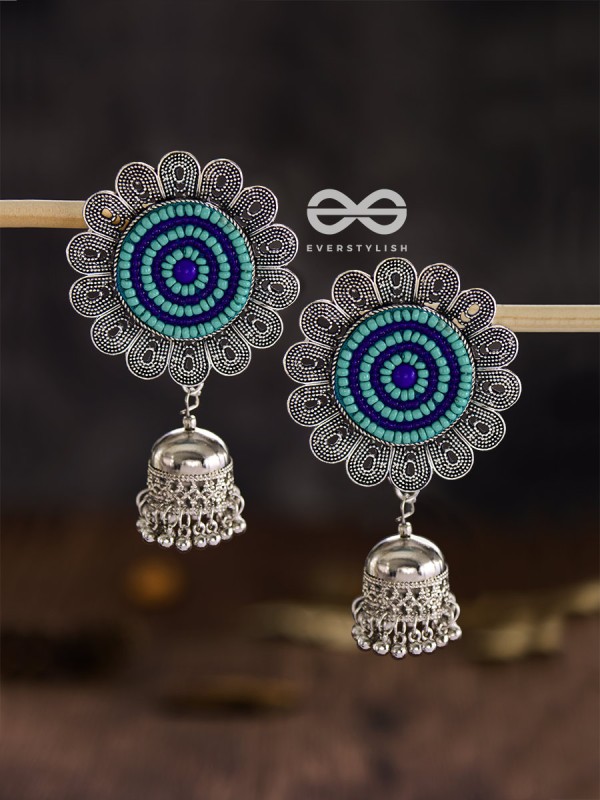 The Beaded Bohemian Flower Jhumkas (Blue) - Embroidered Oxidised Collection