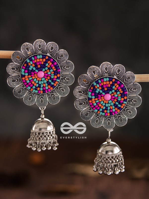 The Beaded Bohemian Flower Jhumkas (Multicoloured) - Embroidered Oxidised Collection