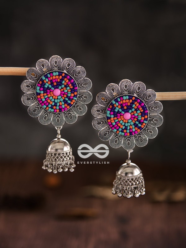 The Beaded Bohemian Flower Jhumkas (Multicoloured) - Embroidered Oxidised Collection