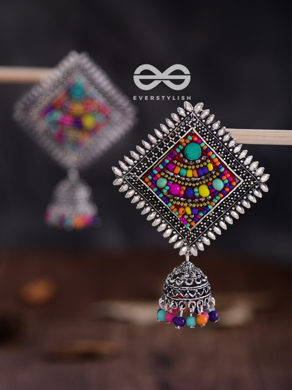 The Beaded Bohemian Square Jhumkas(Multicoloured) - Embroidered Oxidised Collection