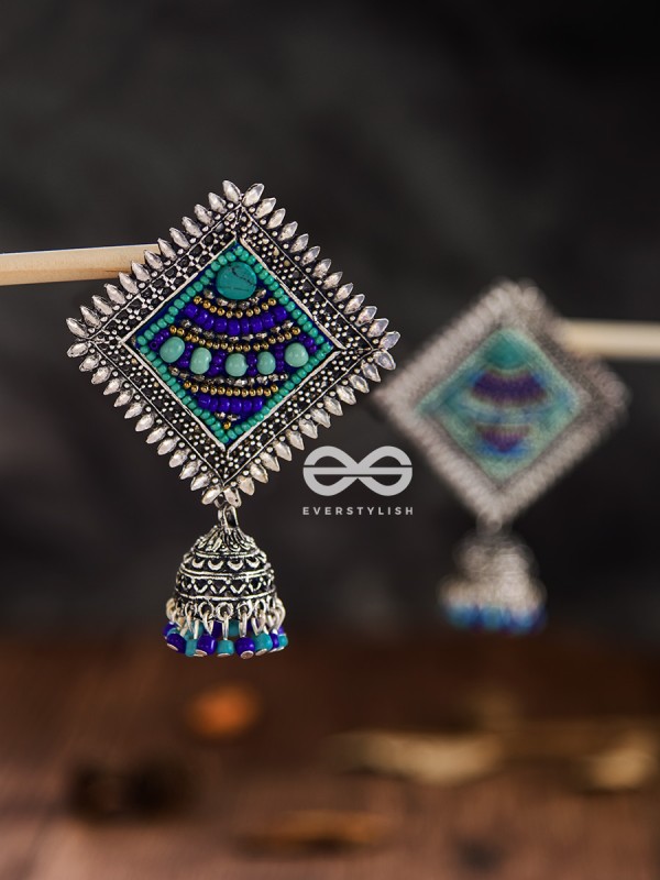 The Beaded Bohemian Square Jhumkas(Blue Hues) - Embroidered Oxidised Collection