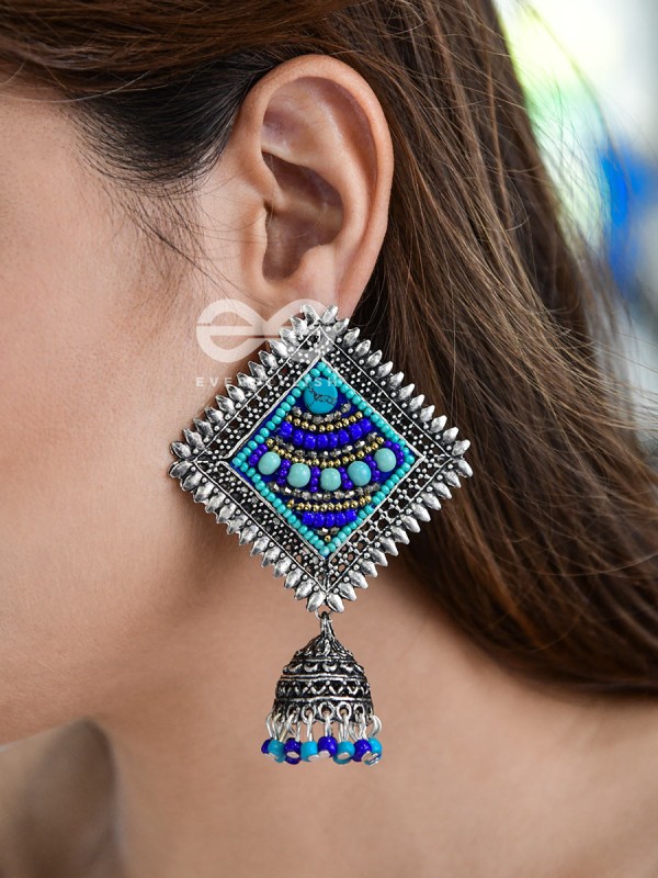 The Beaded Bohemian Square Jhumkas(Blue Hues) - Embroidered Oxidised Collection