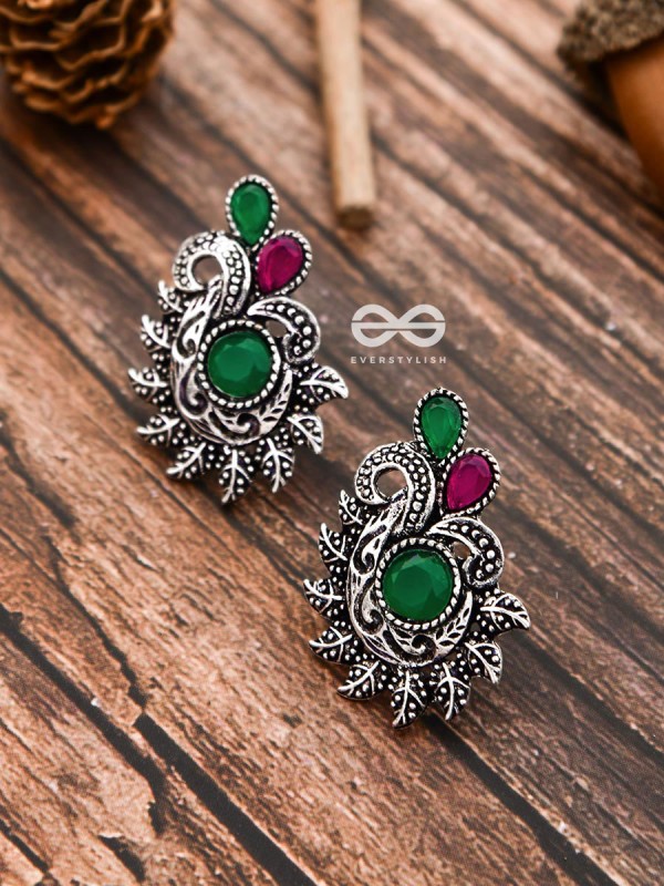 The Vintage Motif Studs - Ruby-Emerald - The Embellished Oxidised Collection