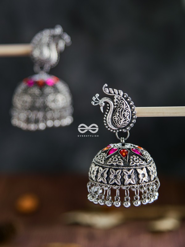 The Large Statement Peacock Jhumkas - Embellished Oxidised Collection