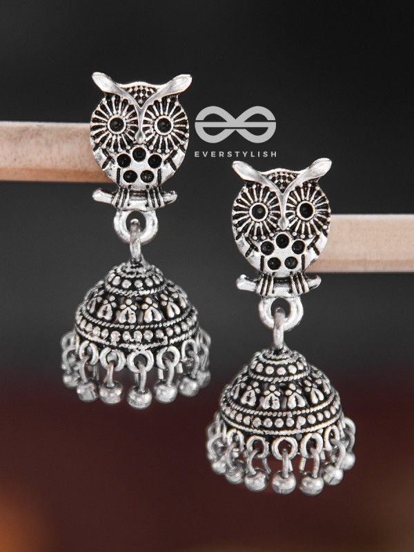 The Little Cute Owl Jhumkis - Oxidised Boho Earrings
