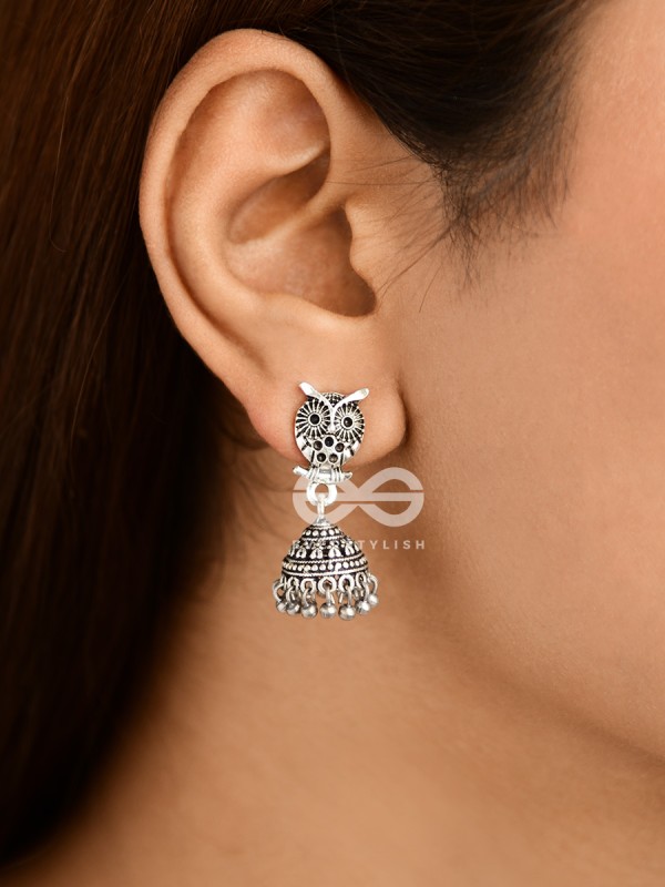 The Little Cute Owl Jhumkis - Oxidised Boho Earrings