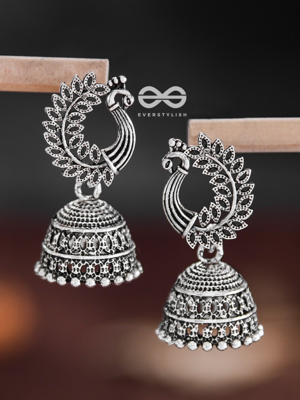 The Intricate Peacock Jhumkis - Oxidised Boho Earrings