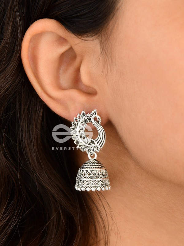 The Intricate Peacock Jhumkis - Oxidised Boho Earrings