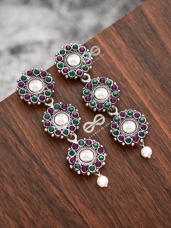 The Layered Boho Danglers (Ruby-Emerald) - Embellished Oxidised Earrings 