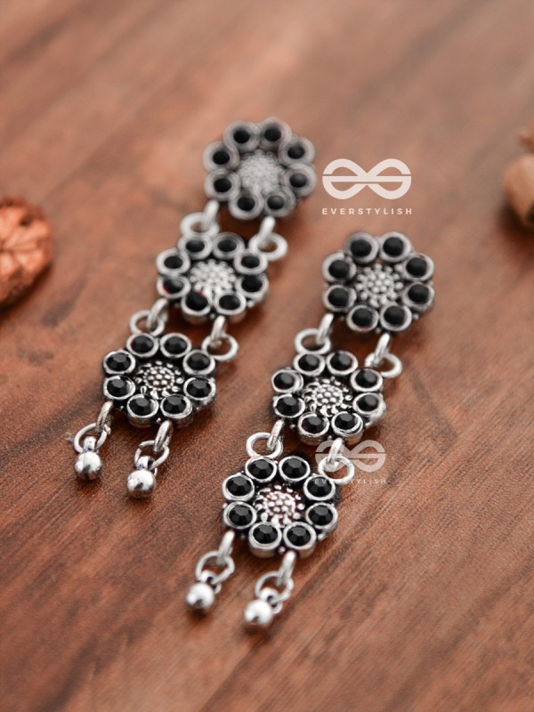 The Triple Layered Intricate Danglers (Onyx Black) - The Embellished Oxidised Collection