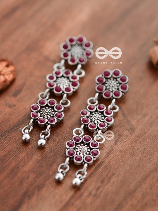 The Triple Layered Intricate Danglers (Ruby Red) - The Embellished Oxidised Collection
