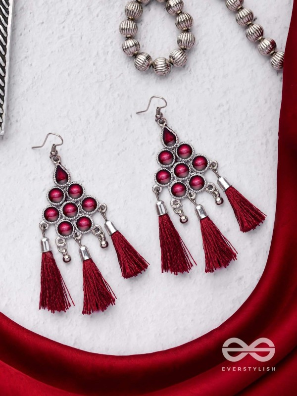 The Enamelled Tassels (Burgundy) - Embellished Oxidised Earrings