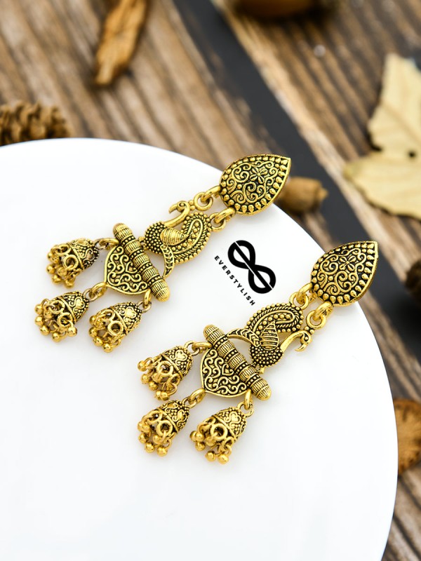 The Intricate Golden Peacock Triple Boho Jhumkis