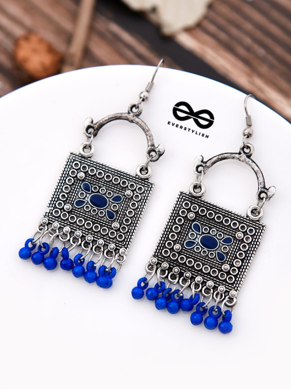 The Embellished Trunk - Oxidised Boho Earrings - Blue
