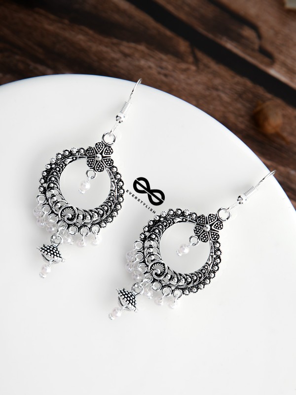 The Intricate Floral Circled Danglers - Oxidised Boho Earrings