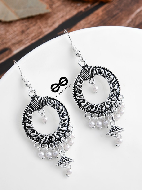 Little Intricate Circled Danglers - Oxidised Boho Earrings