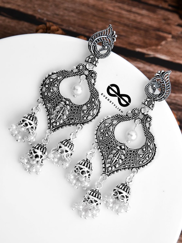 The Intricate Peacock Triple Jhumkis - Oxidised Boho Earrings