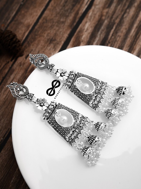 An Intricate Peacock Artwork Triple Jhumkis - Oxidised Boho Earrings