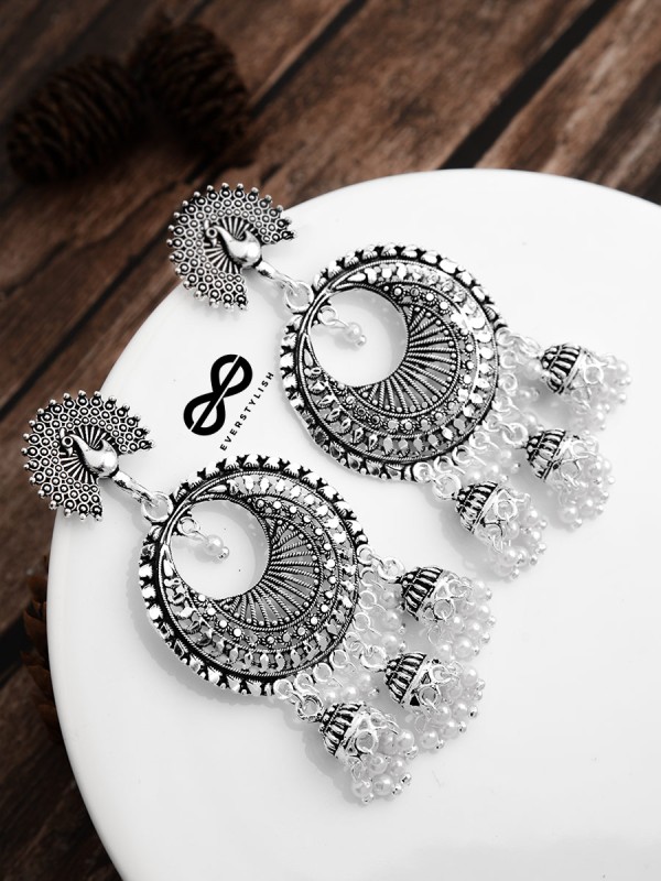 The Intricate Peacock Sun Triple Jhumkis - Oxidised Boho Earrings