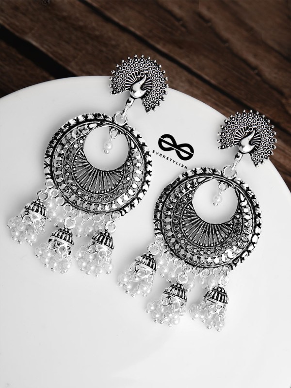 The Intricate Peacock Sun Triple Jhumkis - Oxidised Boho Earrings