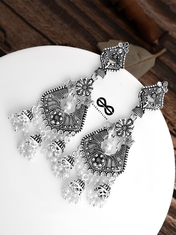 The Shimmery Antique Triple Jhumki Artwork - Oxidised Boho Earrings