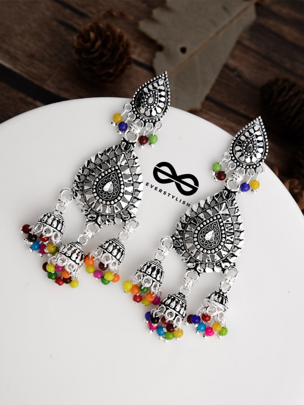 The Multicoloured Droplet Triple Jhumkis - Oxidised Boho Earrings