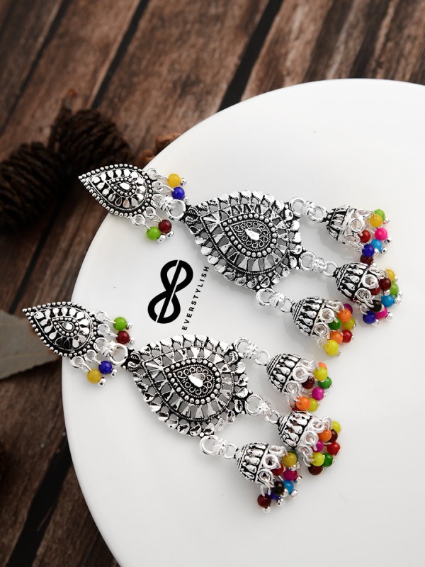 The Multicoloured Droplet Triple Jhumkis - Oxidised Boho Earrings