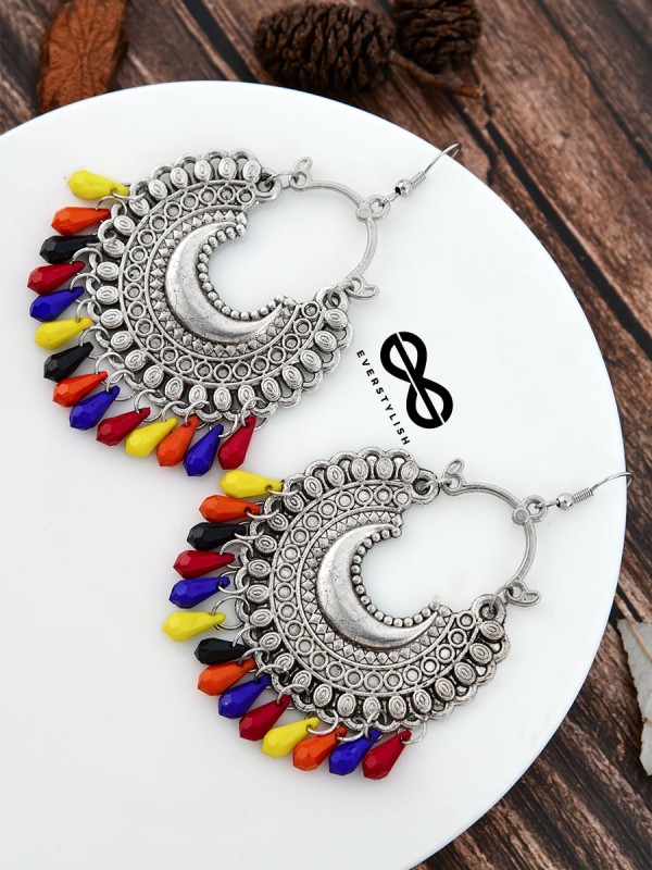The Motif Moon Multicoloured Droplets Oxidised Boho Earrings