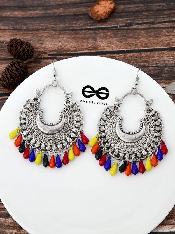 The Motif Moon Multicoloured Droplets Oxidised Boho Earrings