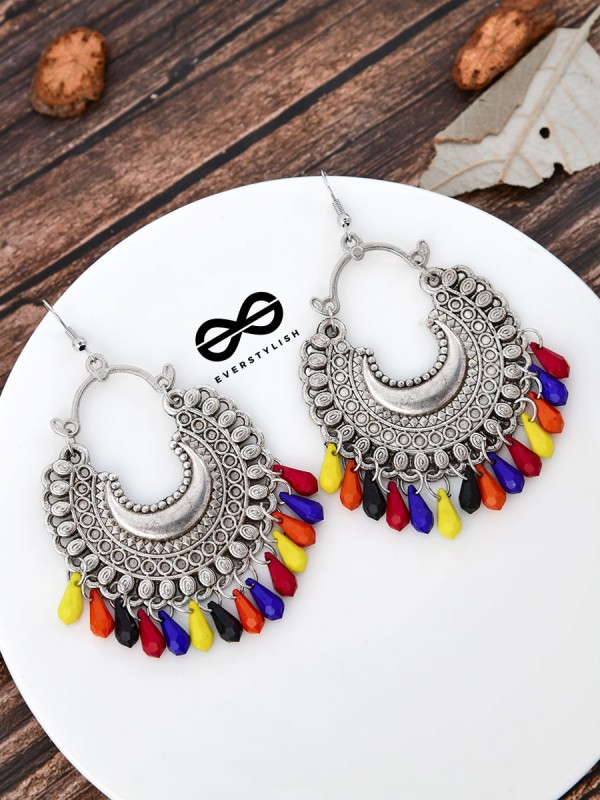 The Motif Moon Multicoloured Droplets Oxidised Boho Earrings