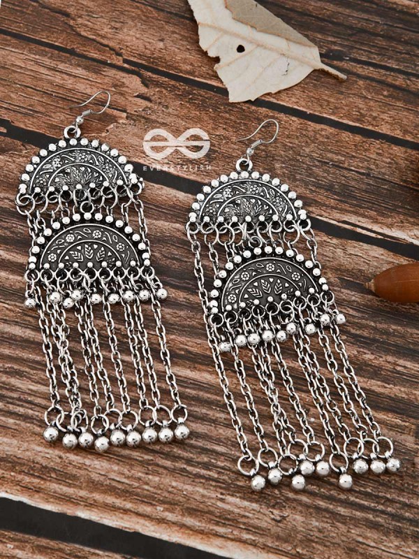 The Double Intricate Moon Danglers - Oxidised Boho Earrings