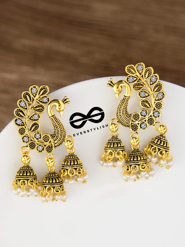The Golden Peacock Triple Jhumkis - Oxidised Boho Earrings