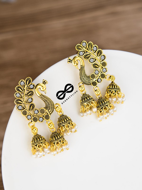 The Golden Peacock Triple Jhumkis - Oxidised Boho Earrings