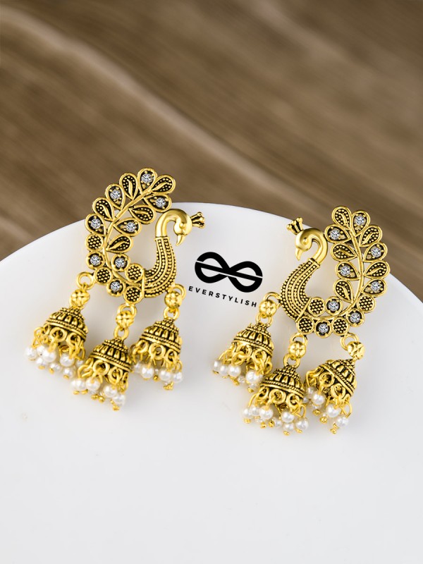 The Golden Peacock Triple Jhumkis - Oxidised Boho Earrings