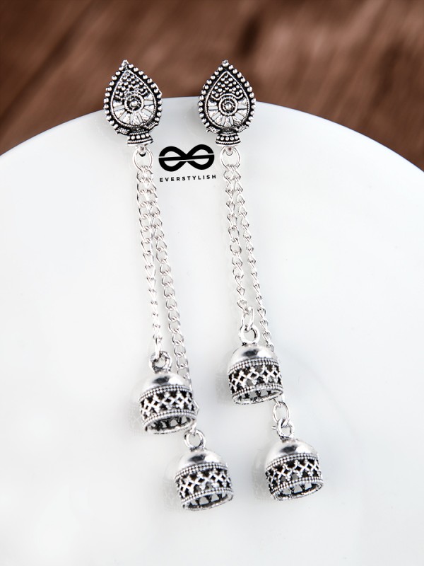 The Double Jhumki Droplet Danglers - Oxidised Boho Earrings