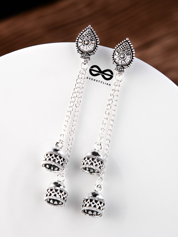 The Double Jhumki Droplet Danglers - Oxidised Boho Earrings