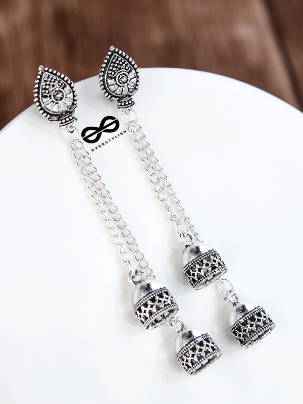 The Double Jhumki Droplet Danglers - Oxidised Boho Earrings