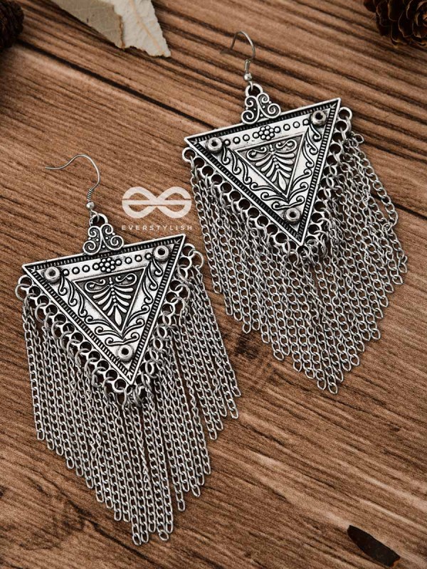 The Triangle Chained Danglers - Oxidised Boho Earrings