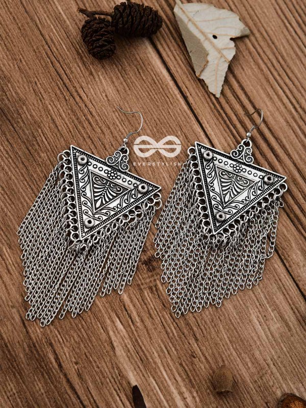 The Triangle Chained Danglers - Oxidised Boho Earrings