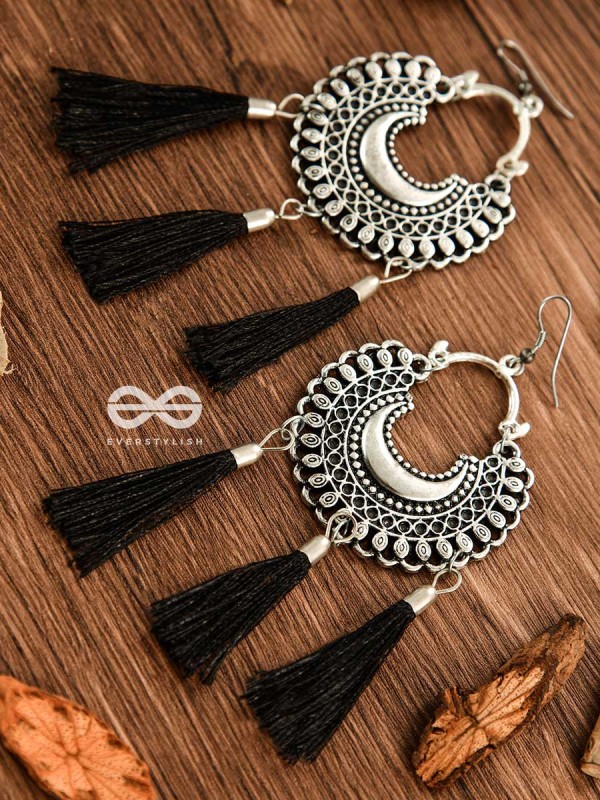 The Motif Moon Tassels (Black) - Oxidised Boho Earrings
