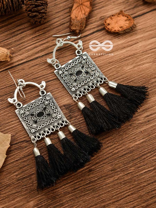 The Embellished Trunk Tassels (Black) - Oxidised Boho Earrings