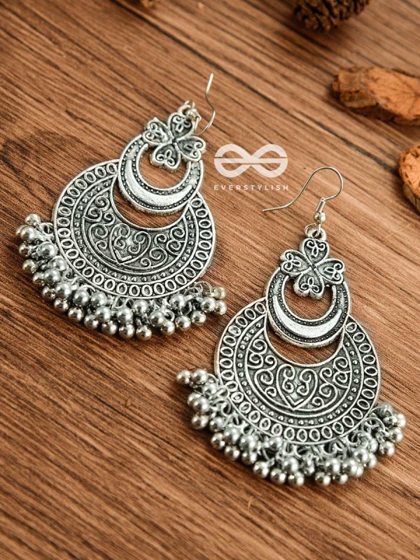 The Layered Vintage Motif Moons - Oxidised Boho Earrings