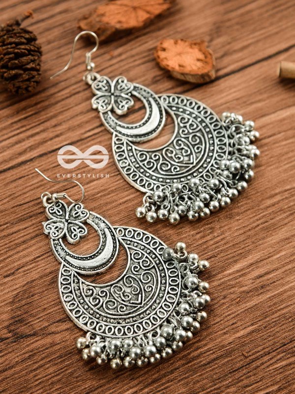 The Layered Vintage Motif Moons - Oxidised Boho Earrings