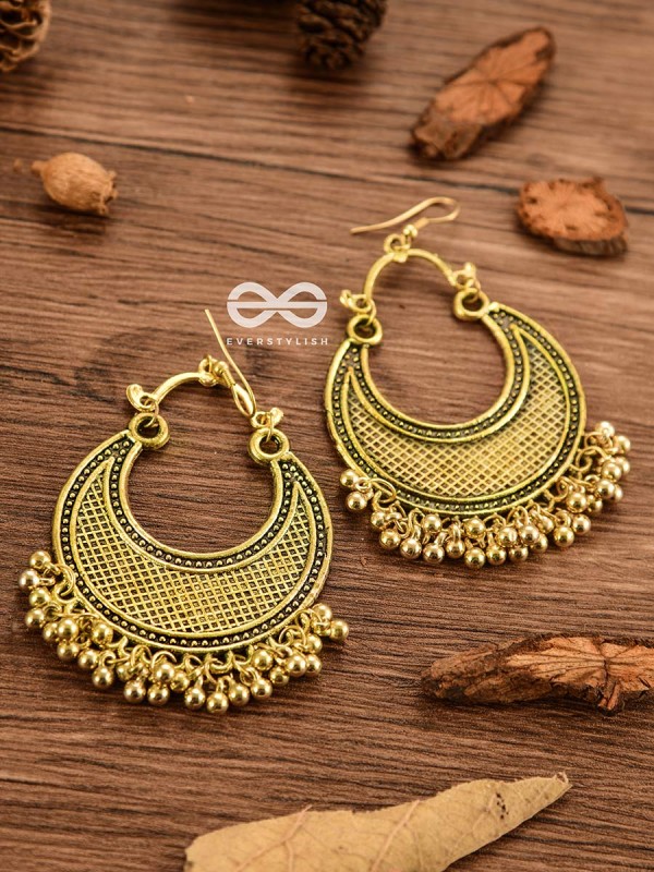 The Meshed Moon (Golden) - Oxidised Boho Earrings