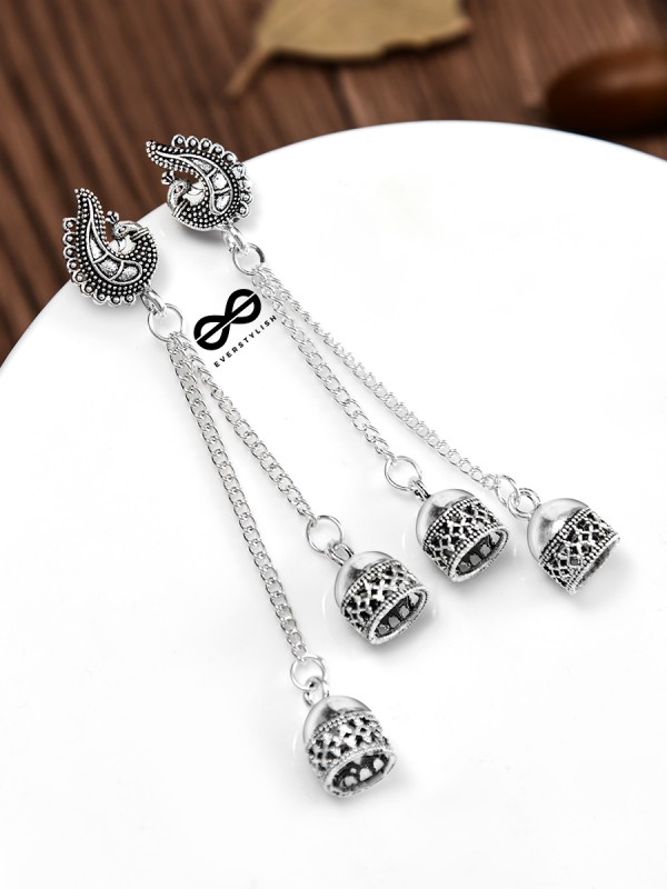 The Double Jhumki Curved Peacock Danglers - Oxidised Boho Earrings