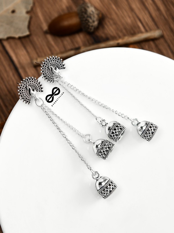 The Double Jhumki Fanning Peacock Danglers - Oxidised Boho Earrings