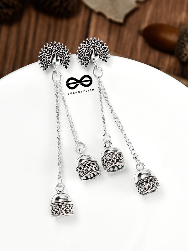 The Double Jhumki Fanning Peacock Danglers - Oxidised Boho Earrings