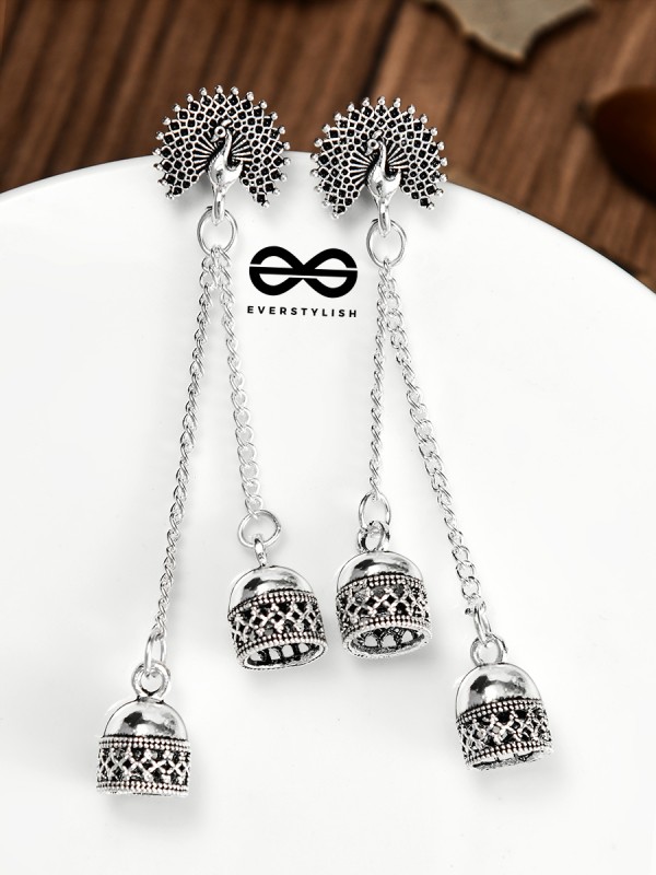 The Double Jhumki Fanning Peacock Danglers - Oxidised Boho Earrings